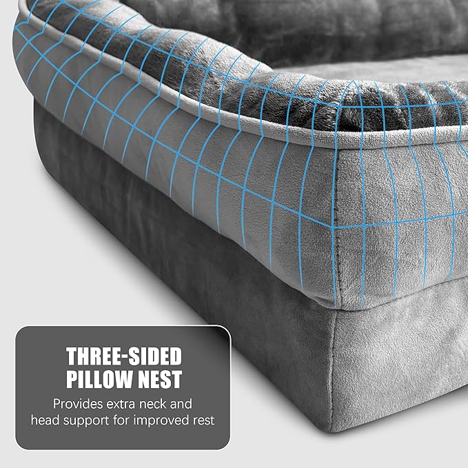 Spotted Play Orthopedic Dog Bed with Sides - Dog Sofa Beds for Extra Large Dogs, Supportive Foam Pet Couch Bed with Washable Removable Cover, Waterproof Lining and Non-Slip Bottom, Grey - XXL