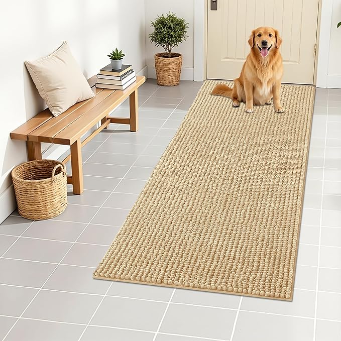 OLANLY Dog Door Mat for Muddy Paws 47x24, Ultra Absorbent Chenille Mud Doormat, Non-Slip Washable and Dirt Trapping Doormat for Indoor Entryway, Quick-Dry Indoor Pet Bed Mats for Dogs, Beige