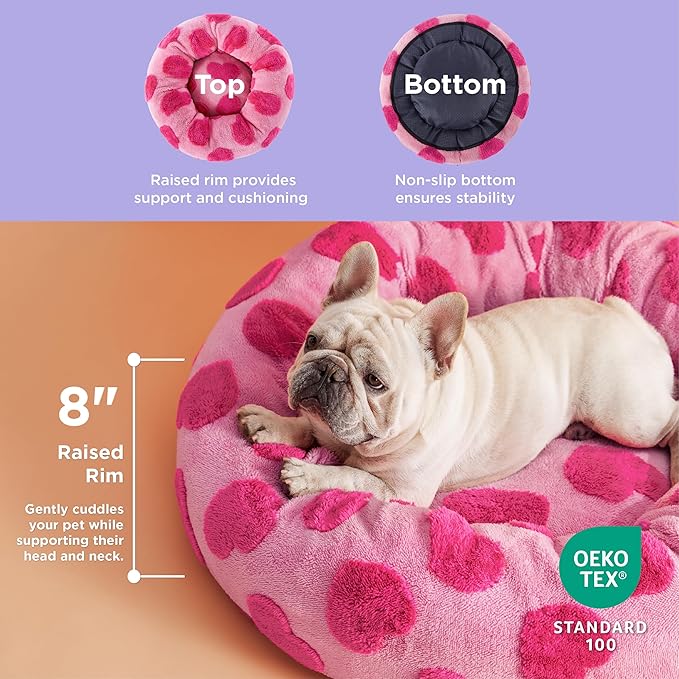 Lesure Donut Medium Dog Bed Calming - Round Cat Beds Indoor Valentine's Day Gift for Pets, Orthopedic Washable Cute Home Decor Beds with Jacquard Shaggy Plush & Anti Slip Bottom, 30 Inch, Lover Hearts