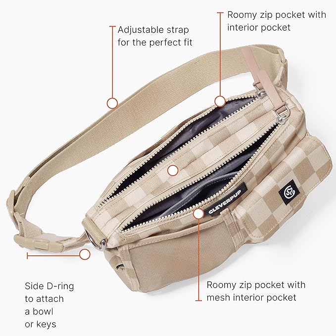 Cleverpup Dog Walk & Train Sling Bag - Hands-Free Dog Walking & Training Bag with Treat Pouch, Poop Bag Holder & Phone Pocket - Crossbody or Fanny Pack, Adjustable Strap - Checkerboard