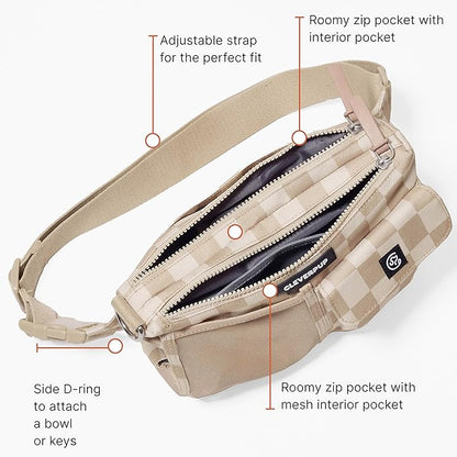Cleverpup Dog Walk & Train Sling Bag - Hands-Free Dog Walking & Training Bag with Treat Pouch, Poop Bag Holder & Phone Pocket - Crossbody or Fanny Pack, Adjustable Strap - Checkerboard