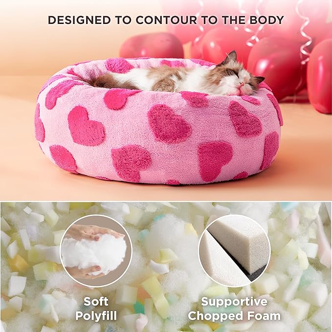 LE SURE Donut Small Dog Bed - Round Cat Beds Indoor Calming Valentine's Day Gift for Pets, Washable Cute Modern Home Decor Beds with Jacquard Shaggy Plush & Anti Slip Bottom, 20 Inch, Lover Hearts