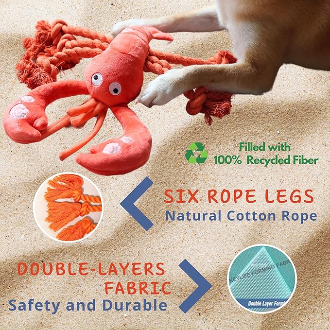 Pawfoo Lab Large Squeaky Dog Toys, Rope Tug of War Dog Toys for Puppy, Small, Medium, Large Dogs, Interactive Stuffed Lobster Plush Toys