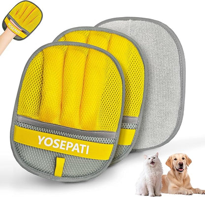 YOSEPATI Thickened Ectrostatic Pet Hair Removal Glove for Cat & Dog, Upgraded Five-Finger Reusable Magic Brush Pet Hair Remover Tool for Couch, Clothing, Carpet & Car Seat (2Pcs-Grey & Yellow)