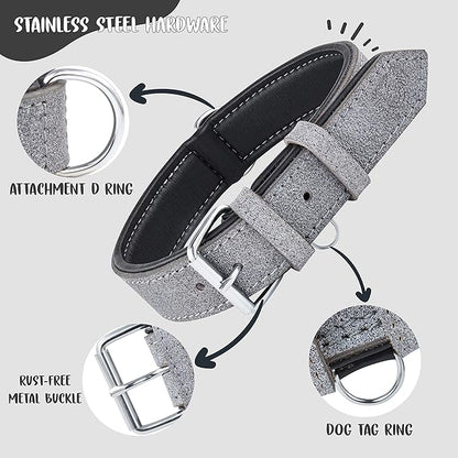 Riparo Genuine Leather Padded Dog Heavy Duty K-9 Adjustable Collar (XL: 1.75” Wide for 21”-25” Neck, Gray/White Thread)