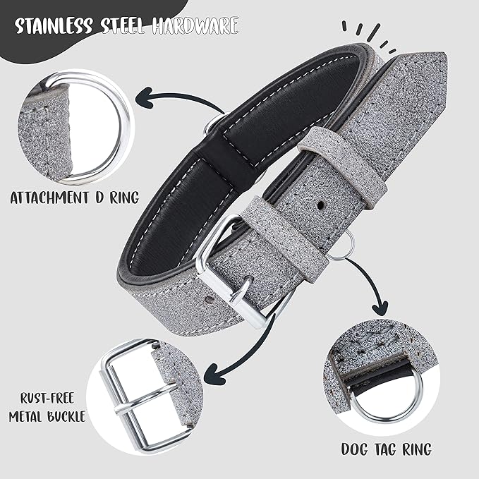 Riparo Adjustable Leather Dog Collar - Heavy Duty Wide Dog Collar for Small, Medium, Large and Extra Large Dogs with Dog Tag Holder (L: 1.5" Wide for 17"-21" Neck, Gray/White Thread)