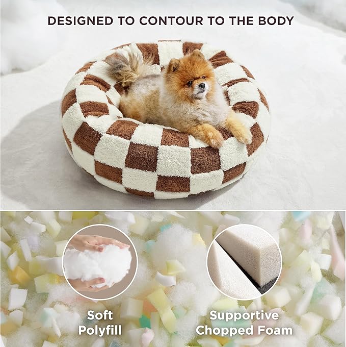 LE SURE Donut Small Dog Bed - Round Cat Beds Indoor Anti-Anxiety Calming Present for Pets, Washable Cute Modern Beds with Jacquard Shaggy Plush & Anti Slip Bottom，23 Inch, Brwon