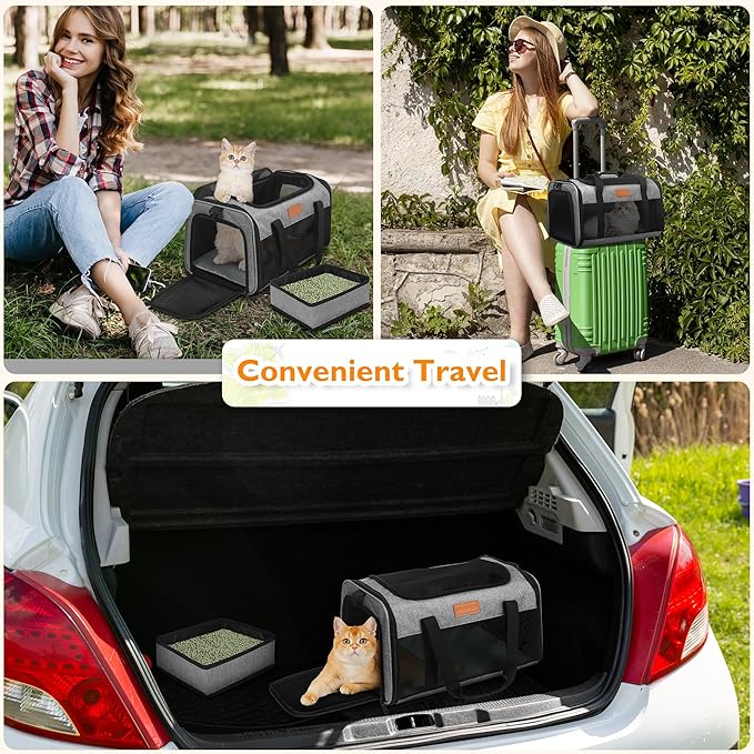 PETUX Airline Approved Pet Carrier - 17x11x9.5 in, Underseat, Top & Side Entry, Soft Sided Cat Dog Carrier for Small Cat & Dog Up to 12 lbs with Anti-Scratch Mesh & Litter Box for Travel & Vet - Grey
