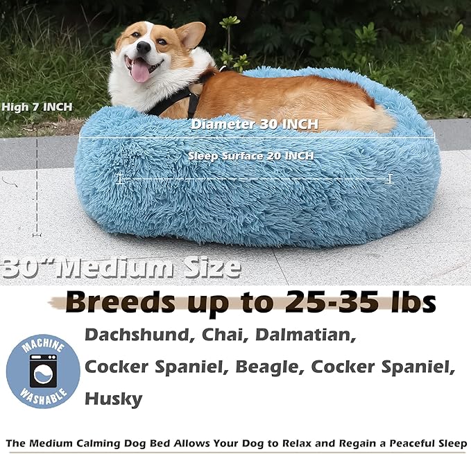 Calming Donut Dogs Beds for Small Dogs Washable,28inch Plush Round Pet Bed for Cozy Sleep,Fluffy Faux Fur Large Cat Bed,Fits up to 30 lbs Pets,Washed Blue