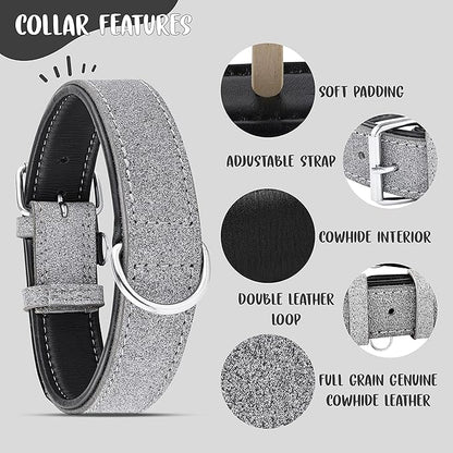 Riparo Genuine Leather Padded Dog Heavy Duty K-9 Adjustable Collar (XL: 1.75” Wide for 21”-25” Neck, Gray/White Thread)