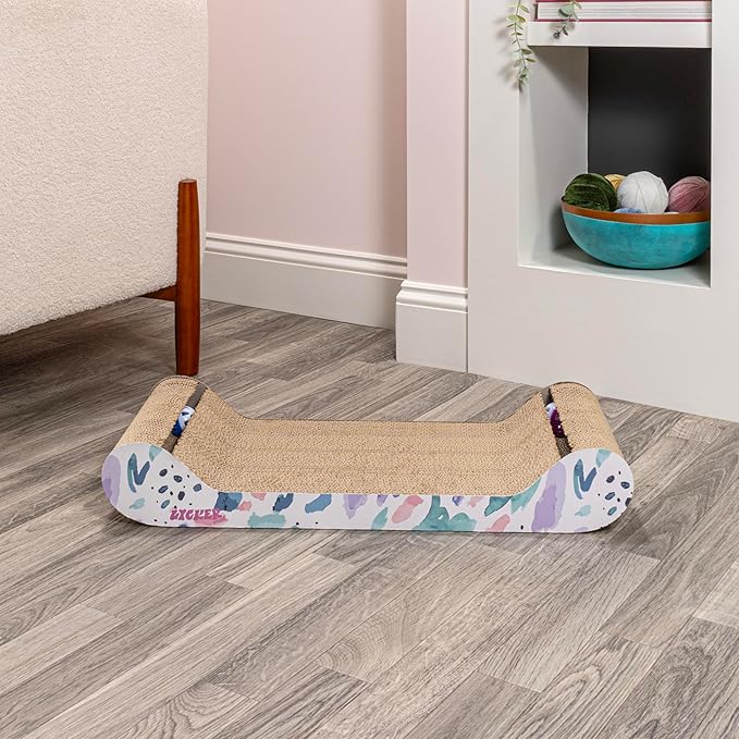 The LICKER Store CSR1003A Rini 23.75" Modern Cardboard Lounge Bed Cat Scratcher with Built-in Bell Toys and Catnip, White/Multi