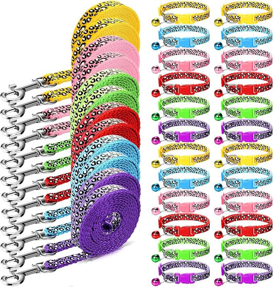 Amylove 48 Pcs Dog Collar and Leash Set, Polypropylene Adjustable Puppy Collars for Medium Dogs Small Pet Puppy Walking Training with Hook and Buckle(Fresh Color,Leopard Pattern)