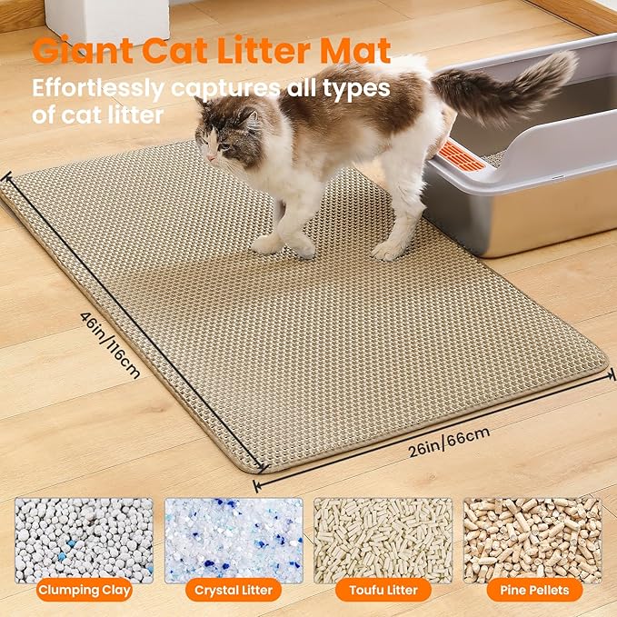 Petinstinct Jumbo Cat Litter Mat, 46x26 Inches Double Layer Honeycomb Litter Trapping Mat, Non Slip Waterproof Urine Proof Extra Large Cat Litter Box Mat, Kitten Supplies and Essentials, XXL, Beige