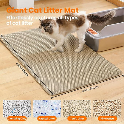 Petinstinct Jumbo Cat Litter Mat, 46x26 Inches Double Layer Honeycomb Litter Trapping Mat, Non Slip Waterproof Urine Proof Extra Large Cat Litter Box Mat, Kitten Supplies and Essentials, XXL, Beige