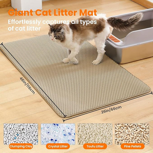 Petinstinct Jumbo Cat Litter Mat, 46x26 Inches Double Layer Honeycomb Litter Trapping Mat, Non Slip Waterproof Urine Proof Extra Large Cat Litter Box Mat, Kitten Supplies and Essentials, XXL, Beige