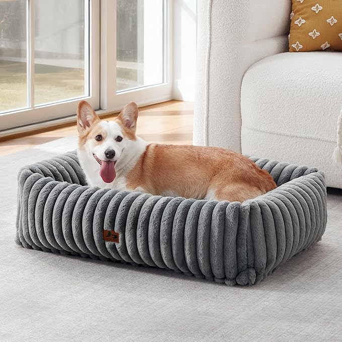 Warmrest Washable Dog Bed for Small Medium Dogs - Rectangle Orthopedic Corduroy Fleece Pet Bed with Removable Cover and Nonskid Bottom, Calming Puppy Bed Soft Pet Sofa, Grey(35x25x9inchs)