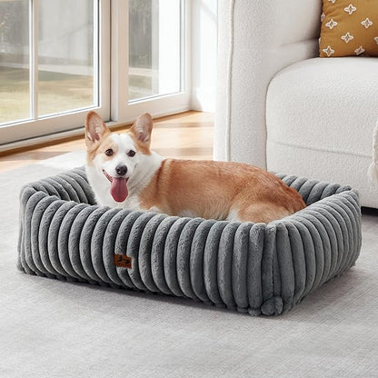 Warmrest Washable Dog Bed for Small Medium Dogs - Rectangle Orthopedic Corduroy Fleece Pet Bed with Removable Cover and Nonskid Bottom, Calming Puppy Bed Soft Pet Sofa, Grey(35x25x9inchs)