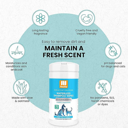 Nootie Waterless Shampoo Wipes for Dogs & Cats (70 Wipes, Sweet Pea & Vanilla)