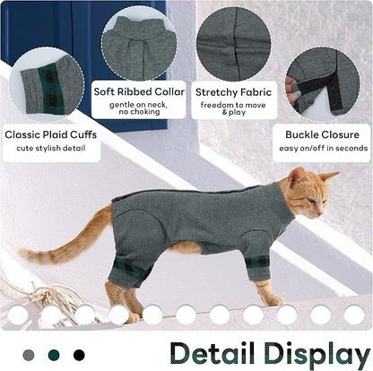 PUMYPOREITY Comfy Cat Pajamas, Versatile Cat Shirt for All-Day Wear, Soft Stretchy Sweater with Back Snap for Easy Wear, Breathable Recovery Suit for Surgery Recovery, L, Grey