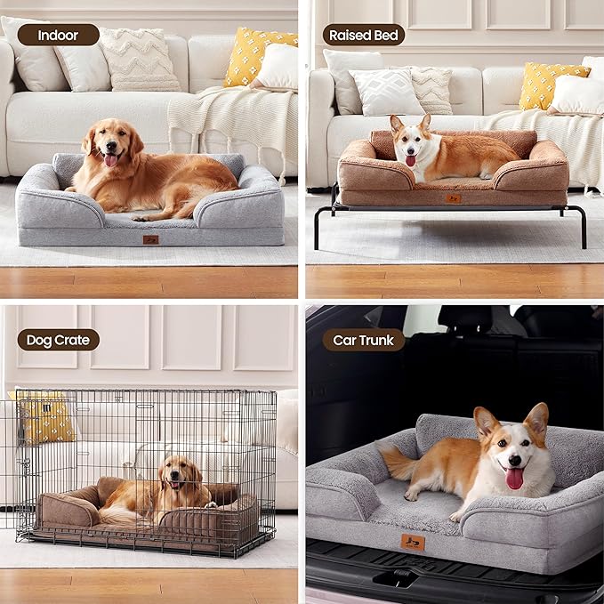 Warmrest XL Orthopedic Dog Beds for Large Dogs, Waterproof Egg-Crate Foam Pet Couch Bed with Soft Sides, Non-Slip Dog Sofa with Fleece Removable Washable Cover, 42" L Supportive Pet Sofa, Light Grey