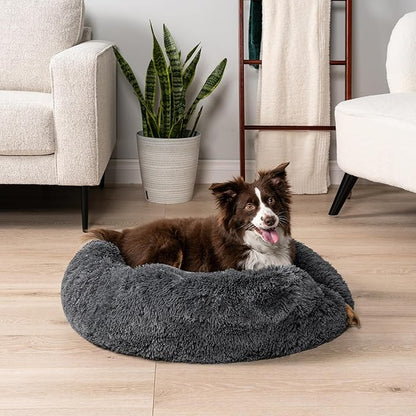PetAmi Calming Dog Bed for Small & Medium Dogs and Cats, 30” Round Donut Dog Bed, Washable Fluffy Faux Fur Puppy & Cat Bed, Anti-Anxiety Plush Cuddler Pet Bed with Anti-Slip Bottom - Dark Gray