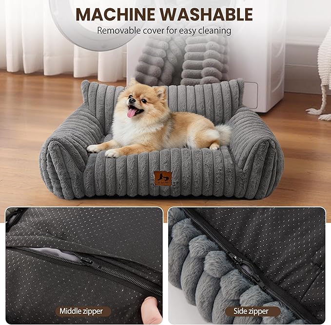 Warmrest Cat Couch for Pets, Cute Small Dog Couch Bed with Cozy Soft Faux Rabbit Fur for Small Dogs, Fuzzy Dog Couch for Indoor Cats, Supportive Pet Sofa with Removable Washable Cover, Light Gray, 30"
