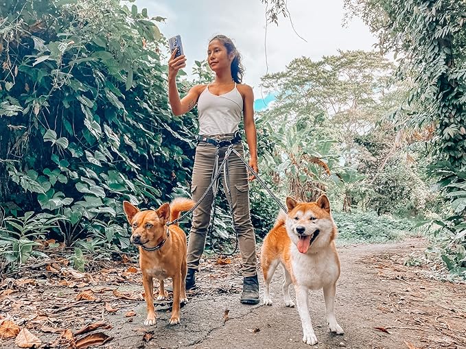 Tuff Pupper Heavy Duty Hands Free Dog Leash | Two Small/Medium Dogs Up to 90 lbs | Comfortable Shock Absorbing Bungee | Reflective Padded Handles | Lumbar Waist Belt 26-38" | Jogging Running Leash