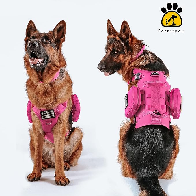 Forestpaw Pink Tactical Dog Harness for Large Dogs,Tactical Dog Collar with Bungee Leash Set,No Pull Military Dog Harness for Walking Training,Adjustable for Medium Large Dogs,Chest 21.5-45"