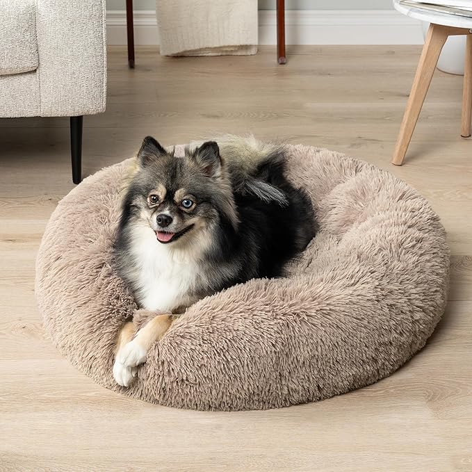 PetAmi Calming Dog Bed for Small & Medium Dogs and Cats, 23” Round Donut Dog Bed, Washable Fluffy Faux Fur Puppy & Cat Bed, Anti-Anxiety Plush Cuddler Pet Bed with Anti-Slip Bottom - Taupe