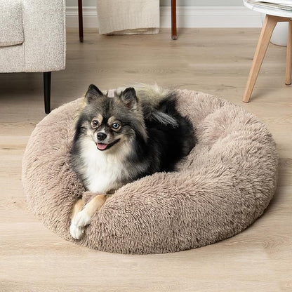 PetAmi Calming Dog Bed for Small & Medium Dogs and Cats, 23” Round Donut Dog Bed, Washable Fluffy Faux Fur Puppy & Cat Bed, Anti-Anxiety Plush Cuddler Pet Bed with Anti-Slip Bottom - Taupe