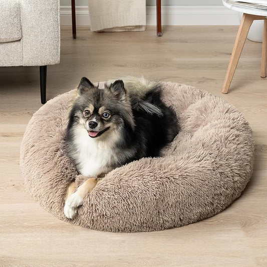 PetAmi Calming Dog Bed for Small & Medium Dogs and Cats, 23” Round Donut Dog Bed, Washable Fluffy Faux Fur Puppy & Cat Bed, Anti-Anxiety Plush Cuddler Pet Bed with Anti-Slip Bottom - Taupe