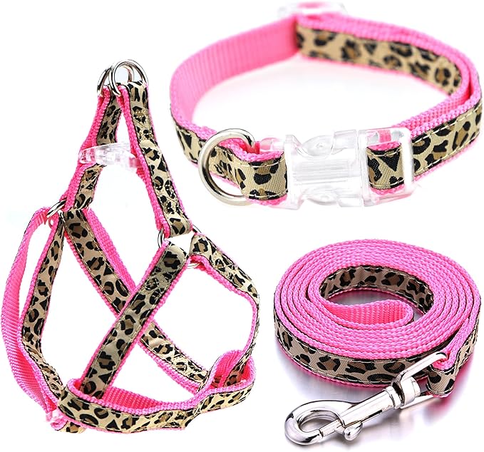 Mile High Life Leopard Dog Harness Collar Leash Set, Adjustable No Pull Dog Halter Harness for Small Breed Dogs, Easy Control for Training Walking (Pink, S Chest 11"-18", Neck 10"-14")