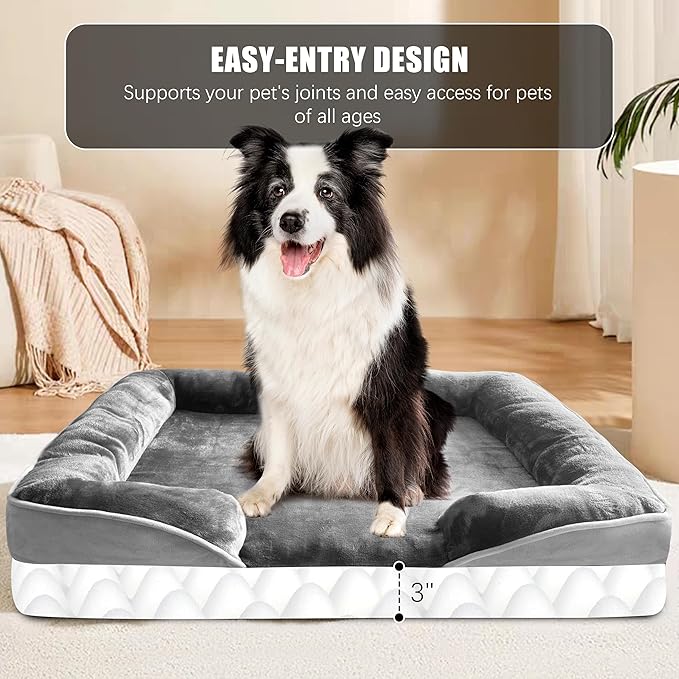 Spotted Play Orthopedic Dog Bed with Sides - Dog Sofa Beds for Large Dogs, Supportive Foam Pet Couch Bed with Washable Removable Cover, Waterproof Lining and Non-Slip Bottom, Grey - L-Plus