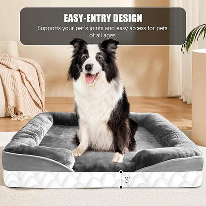 Spotted Play Orthopedic Dog Bed with Sides - Dog Sofa Beds for Large Dogs, Supportive Foam Pet Couch Bed with Washable Removable Cover, Waterproof Lining and Non-Slip Bottom, Grey - L-Plus
