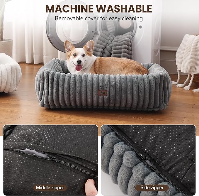 Warmrest Washable Dog Bed for Small Medium Dogs - Rectangle Orthopedic Corduroy Fleece Pet Bed with Removable Cover and Nonskid Bottom, Calming Puppy Bed Soft Pet Sofa, Grey(30x24x8inchs)