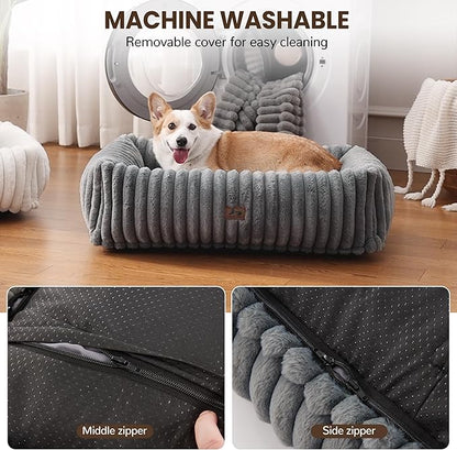 Warmrest Washable Dog Bed for Small Medium Dogs - Rectangle Orthopedic Corduroy Fleece Pet Bed with Removable Cover and Nonskid Bottom, Calming Puppy Bed Soft Pet Sofa, Grey(30x24x8inchs)