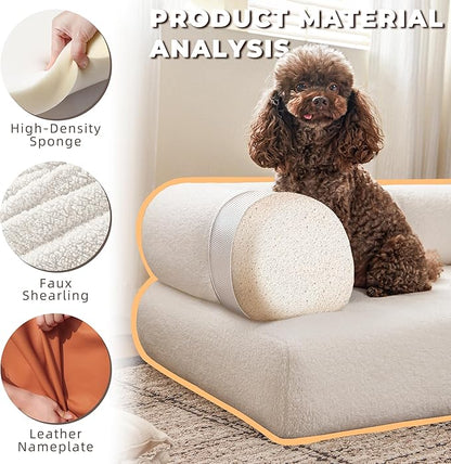 ATJafurn White Faux Shearling Dog Couch Bed for Large Dogs Under 70 lbs, 33.9 Inch Modern Tufted Elevated Dog Sofa with Leather Nameplate, Indoor Furniture Style Cute Raised Pet Sofa Bed (Large)