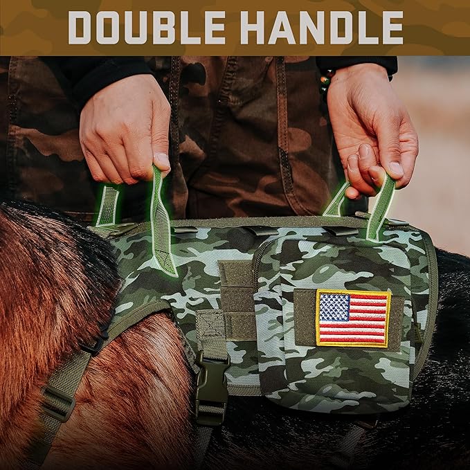 Forestpaw Tactical Dog Harness Tactical Dog Collar with Bungee Leash Set,No Pull Military Dog Harness for Walking Training,Adjustable for Medium Large Dogs,Camouflage Green,Chest 21.5-45"