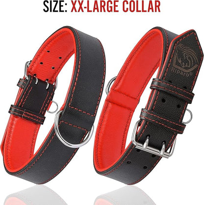 Riparo Genuine Leather Padded Dog Heavy Duty K-9 Adjustable Collar (S: 0.75” Wide for 10”-13.5” Neck, Black/Red Thread)