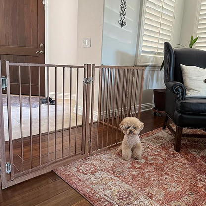 No Pawblems Free Standing Dog Gate with Door, 30'' Tall Foldable Dog Fence for Indoor & Outdoor, Up to 156" Extra Wide Puppy Gate for Stairs, Hallways, Doorways, Deck, Yard (Wood Pattern, 6 Panels)