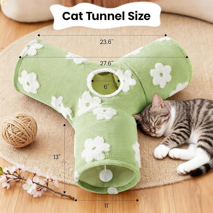 Tempcore Flannel Pet Cat Tunnel Tube Cat Toys 3 Way Collapsible, Cat Tunnels for Indoor Cats，Kitty Tunnel Bored Pet Toys Peek Hole Toy Ball Puppy, Kitty, Kitten, Rabbit Daisy Green