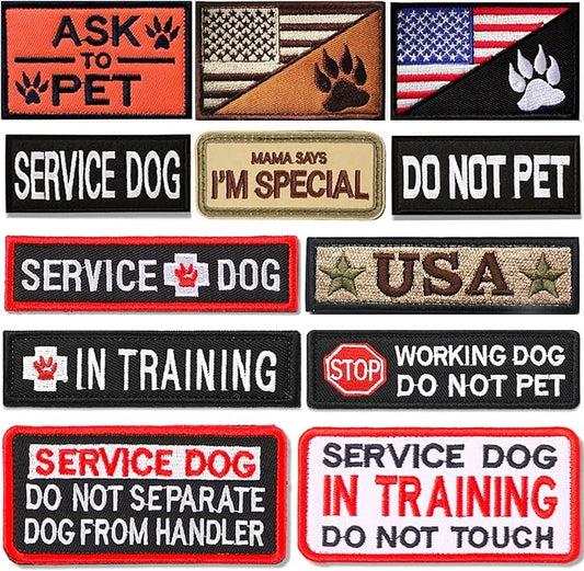12 PCS Service Dog Patches Removable Tactical Hook Loop Harness Embroidered in Training Patch Do Not Pet Working Dog Patch for Vest Harnesses Collars Leashes
