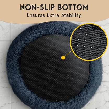 PetJett Calming Dog Beds Large Sized Dog - 36'' Round Bed, Anti-Slip & Washable Super Soft Donut Bed, Fluffy Faux Fur Anti-Anxiety Premium Comfort Pet Bed, Fits Dogs up to 80 lbs - Dark Grey