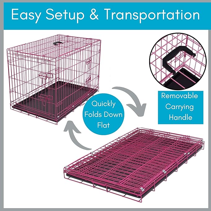 Internet's Best Wire Dog Crate for Dogs - Double Door Metal Steel Crate, Indoor Folding & Collapsible Cage, Secure & Durable, Portable Travel Kennel, Ideal for Home Use - Pink, 36 Inches