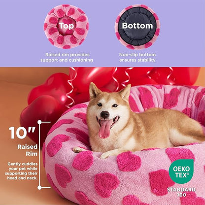 Lesure Shown on TV Donut Large Dog Bed - XL Round Beds Indoor Calming Valentine's Day Gift for Pets, Washable Cute Home Decor Beds with Jacquard Shaggy Plush & Anti Slip Bottom, 36 Inch, Lover Hearts
