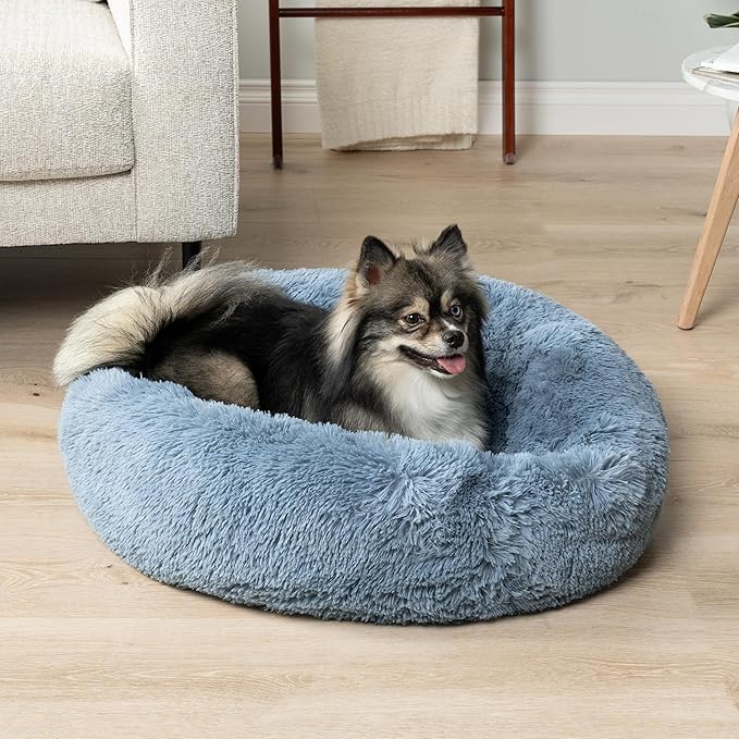 PetAmi Calming Dog Bed for Small & Medium Dogs and Cats, 23” Round Donut Dog Bed, Washable Fluffy Faux Fur Puppy & Cat Bed, Anti-Anxiety Plush Cuddler Pet Bed with Anti-Slip Bottom - Blue