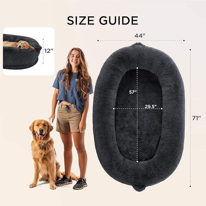 Bedsure Calming Human Dog Bed, 71" x 44" x 12" Giant Human Dog Bed for Adults People Fits Pet Families with Storage Pocket, Fluffy Faux Fur Orthopedic Pet Bean Bed, Dark Grey