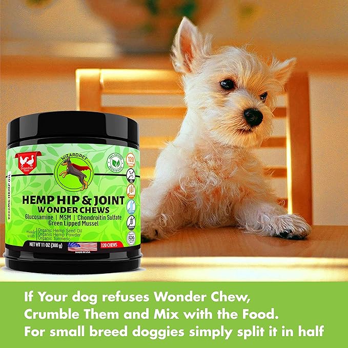 WIZARDPET Advanced Hemp Hip and Joint Supplement for Dogs Hemp Oil Glucosamine Chondroitin for Dog Omegas Turmeric MSM Green Lipped Mussel Made in USA Treats Support Mobility 120 Chews