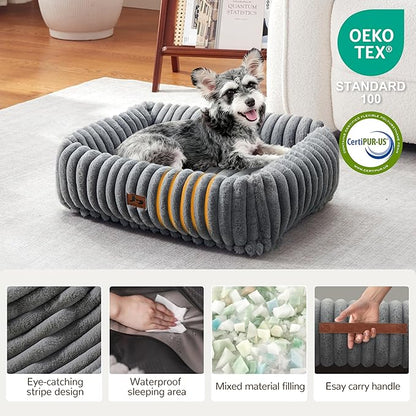 Warmrest Washable Dog Bed for Small Medium Dogs - Rectangle Orthopedic Corduroy Fleece Pet Bed with Removable Cover and Nonskid Bottom, Calming Puppy Bed Soft Pet Sofa, Grey(20x19x6inchs)