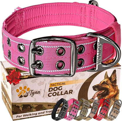 ADITYNA Heavy Duty Reflective Pink Dog Collar with Handle - Wide, Neoprene Padded for Large Female Dogs - Tactical, Durable, Comfortable for Walking, Training, Hiking